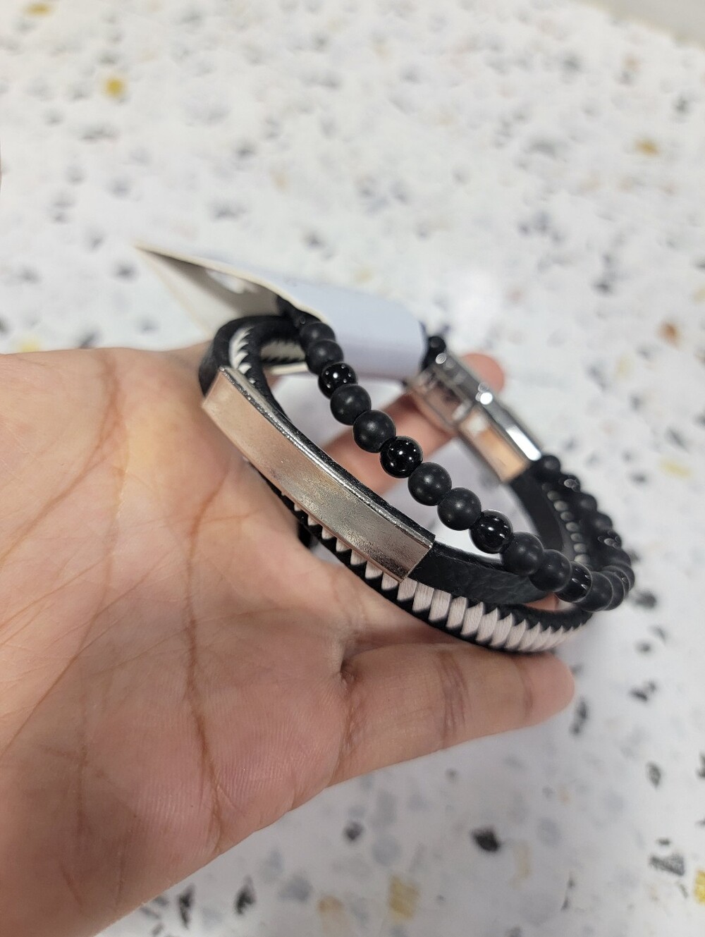 Men's Black Beaded & Leather Multi-Strand Bracelet